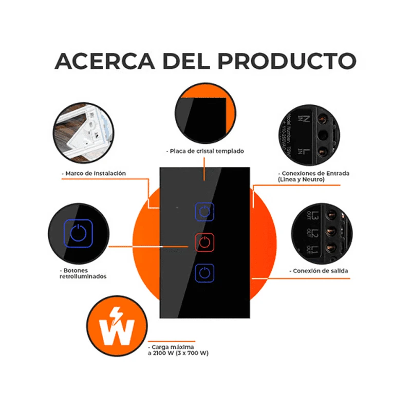 APAGADOR TOUCH CON 3 BOTONES COLOR NEGRO - Imagen 2